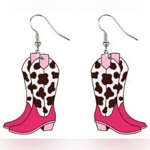 NWT - Pink Cowboy Boots with Cow Print Acrylic Dangle Single Sided Earrings